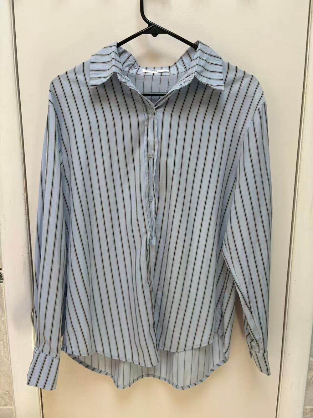 Oversized Striped Shirt Blue Track Stripe Button Down High-Low Blouse Large